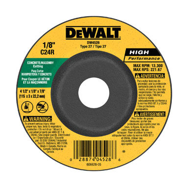 DeWalt High Performance 4-1/2 in. D X 7/8 in. S Silicon Carbide Masonry Cutting Wheel 1 pc