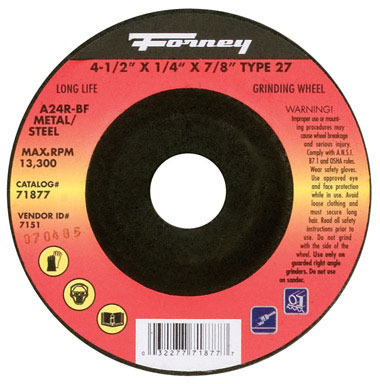 Forney 4-1/2 in. D X 1/4 in. thick T X 7/8 in. in. S Metal Grinding Wheel 1 pc