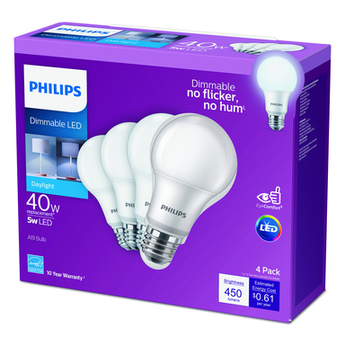 BULB LED A19 E26 40W DL 4PK