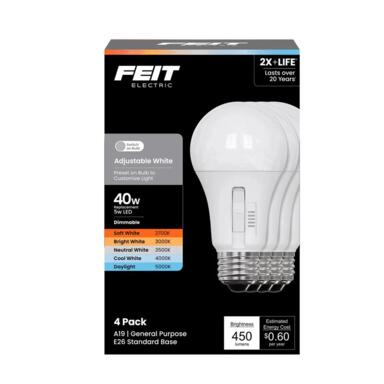 40W A19 4PK ADJ WHT LED