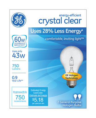 BULB HAL A19 43W CLR 2PK