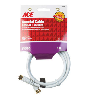 CABLE COAX W/FIT WHT 3'