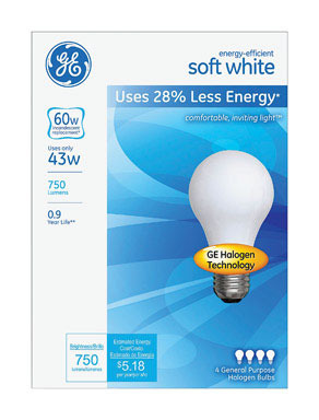 BULB HAL A19 43W SW 4PK