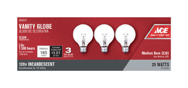 BULB 25W G25 CLR ACE 3PK