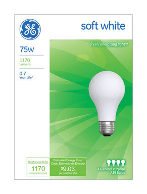 BULB SFTWHT 75A/W PK4 GE