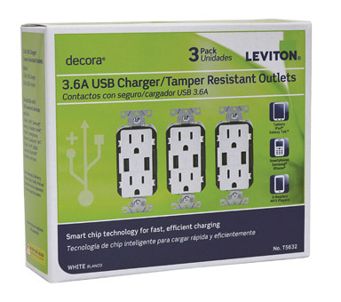 Leviton Decora 15 amps 125 V White Outlet and USB Charger 5-15R