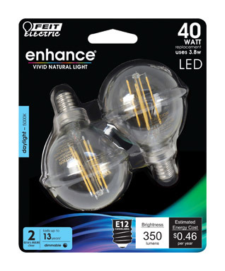 Feit Electric Enhance G16.5 E12 (Candelabra) Filament LED Bulb Daylight 40 W 2 pk