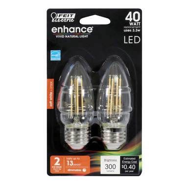 Feit Electric Enhance B10 E26 (Medium) Filament LED Bulb Soft White 40 W 2 pk