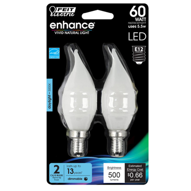 Feit Electric Enhance Flame Tip E12 (Candelabra) Filament LED Bulb Daylight 60 W 2 pk
