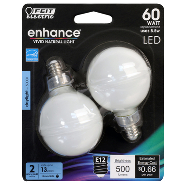Feit Electric Enhance G16.5 E12 (Candelabra) Filament LED Bulb Daylight 60 W 2 pk