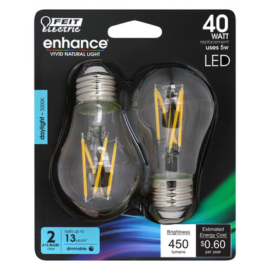Feit Electric Enhance A15 E26 (Medium) Filament LED Bulb Daylight 40 W 2 pk