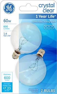 BULB GE G16.5 60W CLR2PK