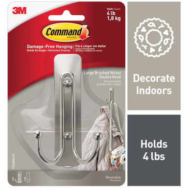 Command 2 in. L Brushed Nickel Metal Large Double Hook 4 lb. cap. 1 pk