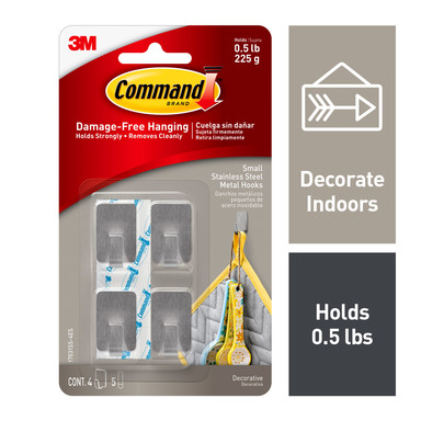 Command Stainless Steel Metal Small Hook 0.5 lb. cap. 4 pk