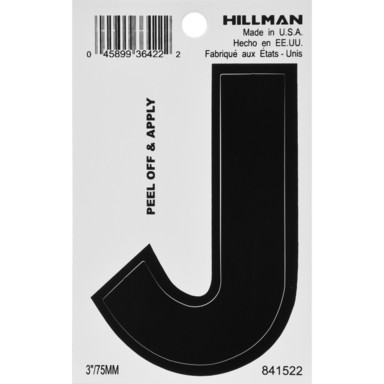 Hillman 3 in. Black Vinyl Self-Adhesive Letter J 1 pc