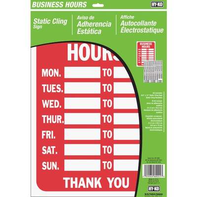 Hy-Ko Static Cling Sign, Business Hours