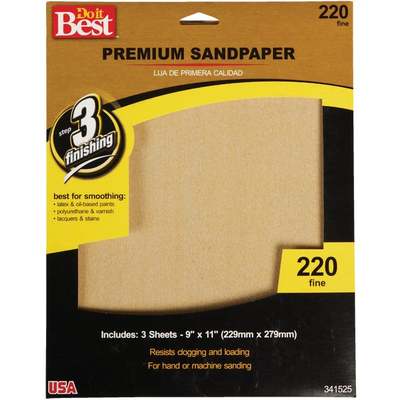 Do it Best Premium Plus 9 In. x 11 In. 220 Grit Fine Sandpaper (3-Pack)