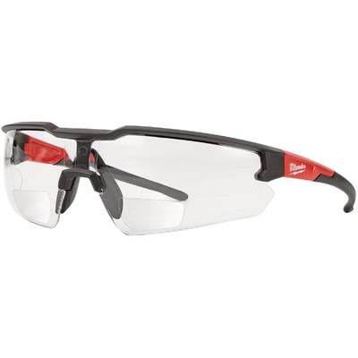 Milwaukee Red & Black Frame Safety Glasses with +2.00 Magnified Clear