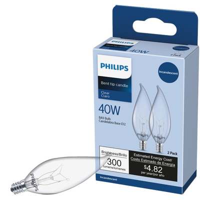 Philips DuraMax 40W Clear Candelabra BA9 Incandescent Bent Tip Light Bulb (2-Pack)