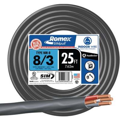 Romex 25 Ft. 8/3 Stranded Black NMW/G Electrical Wire