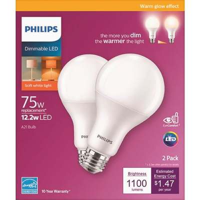 75w A21 LED SOFT WHT 2pk