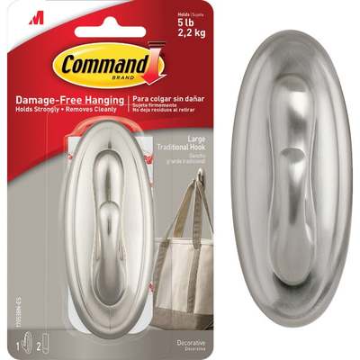 Command Large Traditional Hook, Brushed Nickel, 1 Hook, 2 Strips