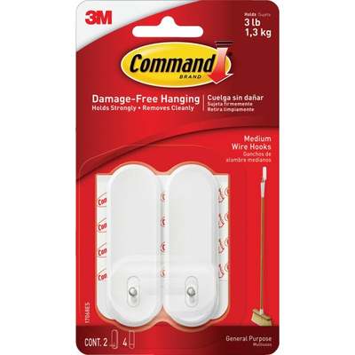 Command Medium Wire Hooks, White, 2 Hooks, 4 Strips