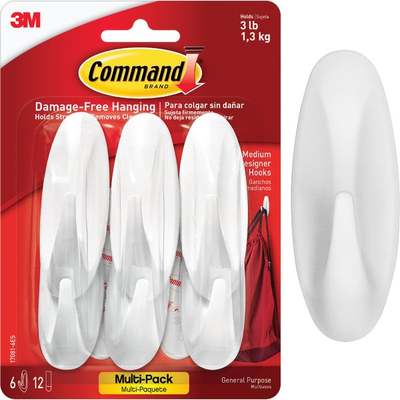 Command Medium Designer Hooks Value Pack, White, 6 Hooks, 12 Strips