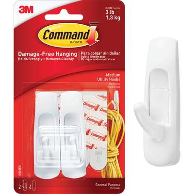 Command Medium Hooks, White, 2 Hooks, 4 Strips