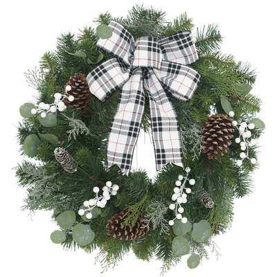 30" WREATH W/WHITE PLAID BOW