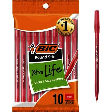 10PK BIC ROUND STICK RED PEN