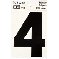 HY-KO RV-50/4 Reflective Sign, Character: 4, 3 in H Character, Black