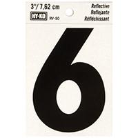 HY-KO RV-50/6 Reflective Sign, Character: 6, 3 in H Character, Black