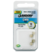 Jandorf 60689 Fast Acting Fuse, 10 A, 125 V, 200 A Interrupt, Glass Body