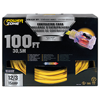 PowerZone Contractor Cord, 12 AWG Cable, 100 ft L, 15 A, 125 V, Yellow