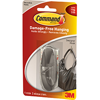 Command 17081-BN Designer Hook, 3 lb, 1-Hook, Plastic, Brushed Nickel