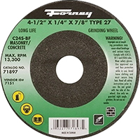 Forney 71897 Grinding Wheel, 4-1/2 in Dia, 1/4 in Thick, 7/8 in Arbor, 24