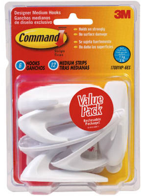 Command 17081-VP-6PK Designer Hook, 3 lb, 6-Hook, Plastic, White