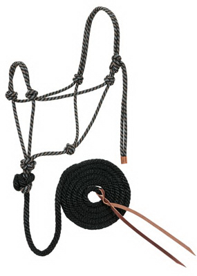 Rope Halter w/ 10' Lead Rope Black Tan & White