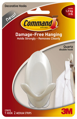 Command 17087QES Double Hook, 3 lb, 1-Hook, Plastic, Quartz