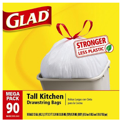 GLAD 78536 Tall Kitchen Bag, 13 gal Capacity, Plastic, White