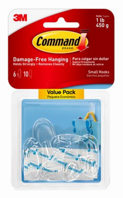 Command 17092CLR-6ES Adhesive Hook, 1 lb, 6-Hook, Plastic, Clear