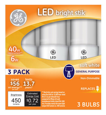 GE 3PK 6W Stik LED Bulb