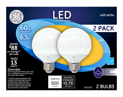 GE 2PK 7W WHT G25Bulb