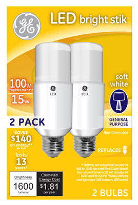 63857   GE Bulb 15W Stik LED 2PK