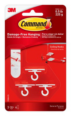 Command 17008-ES Small Ceiling Hook, 0.5 lb, 3-Hook, Plastic, White