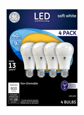 61986   GE Bulb 9W SW A19 4PK