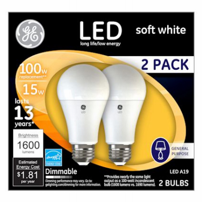 GE LED 15W A19 Bulb, 2 pk.
