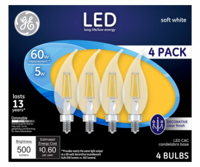 GE 4PK 5W LED CAC Bulb Sft Wht