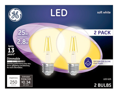 Decorative Globe LED Light Bulbs, Soft White, Clear, 250 Lumens, 2.8-Watts,